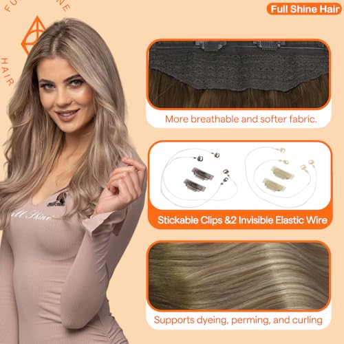 Full Shine Wire Hair Extensions Real Human Hair Balayage Walnut Brown to Light Brown Mix Light Blonde Invisible Wire Hair Extensions Natural Straight Hairpiece Remy Human Hair Extensions 18 Inch 80g