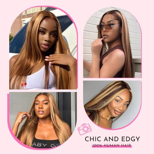 Straight Honey Blonde Wig Human Hair 16inch P4/27 Highlight Ombre Lace Front Wig Human Hair 180%, 13x4 Pre-plucked HD Lace Frontal Wigs For Black Women Honey Blonde Glueless Wigs