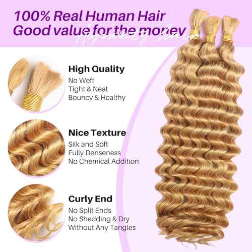 Human Braiding Hair for Boho Braids, Deep Wave Bulk Boho Braids Human Hair for Knotless Curly Bohemian Water Wave Braiding 110g 18 Inch Caramel Blonde (3 No Weft Bundles/Pack)