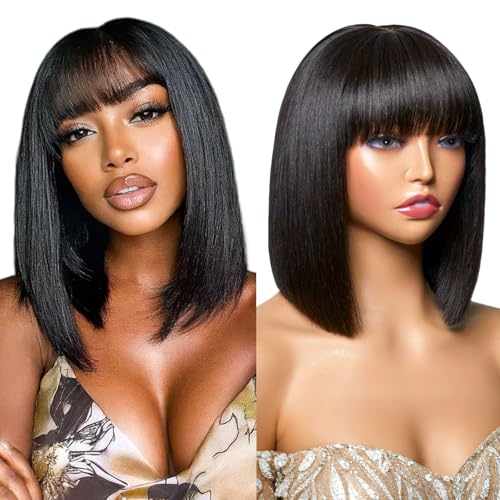 Ruiyu 250 Density Bob Wig with Bangs Human Hair 2x4 HD Lace Closure Front Silky Straight Wigs Human Hair Glueless Ready to Wear and Go for Beginners 100% Brazilian Human Hair for Black Women 10 Inch