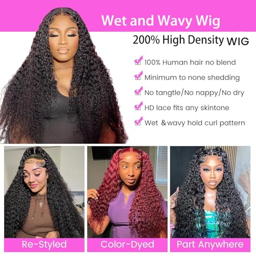 Water Wave Lace Front Wigs Human Hair Pre Plucked Bleached Knots Wet and Wavy 13x6 HD Lace Frontal Wigs for Black Women 200% Density Brazilian Remy Human Hair (Water Wave Wig, 22 Inch)