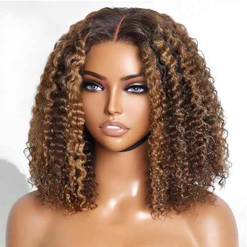 Highlight Bob Curly Wigs Human Hair 13x4 HD Lace Frontal Wig Ombre Bob Lace Front Wigs Human Hair Pre Plucked With Baby Hair 4/27 Ombre Bob Wigs Human Hair180% Density 12 Inch