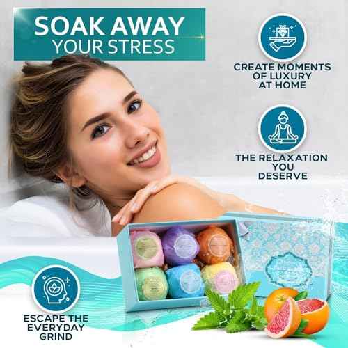 Bath Bombs Gift Set - 6 XXL Bubble Bath Fizzies (4.1 oz Each) with Natural Dead Sea Salt Cocoa and Shea Essential Oils - Best Gift Idea for Birthday, Mom, Woman, Girl, Him, Kids