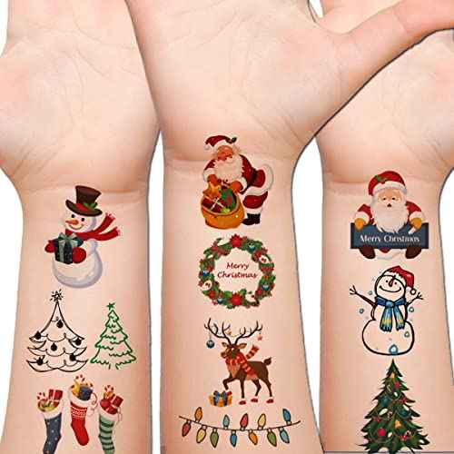 Christmas Temporary Tattoos for Kids - 6 large Sheets Christmas Holiday Fake Tattoos for Girls Boys Xmas Party Gifts Crafts Decoration