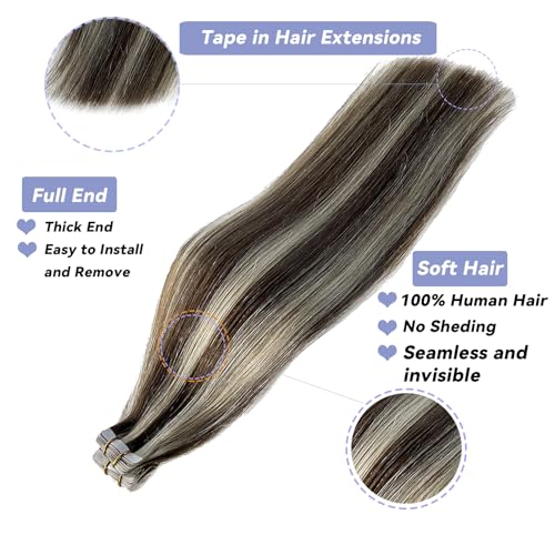 Blonde Hair Extensions Tape in Human Hair Chestnut Brown to Blonde Highlights Remy Hair Extensions Skin Weft Tape in Real Hair Extensions Invisible Straight Tape in Extensions for Women 24"