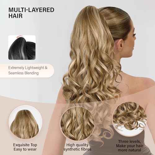 24 Inch Blonde Ponytail Extension, Clip on Ponytails for Women, Long Curly Ponytail Extensions for Women, Synthetic Layered Pony Tails Hair Extensions (Color: Dark Blonde With Beige Blonde Highlights)