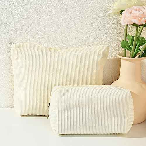 SOIDRAM 2 Pieces Corduroy Makeup Bag Large Corduroy Cosmetic Bag Capacity Canvas Mix Travel Toiletry Bag Organizer Cute Makeup Brushes Aesthetic Accessories Storage Bag for Women