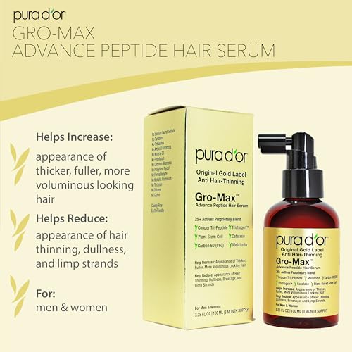 PURA D'OR 3.38 Oz Gro-Max Advanced Peptide Hair Serum (NEW FORMULA) Plant Stem Cell, Catalase, Copper Tri-Peptide, C60, Biotin, Melatonin, Trichogen, Caffeine, Rosemary - Stronger, Thicker Hair
