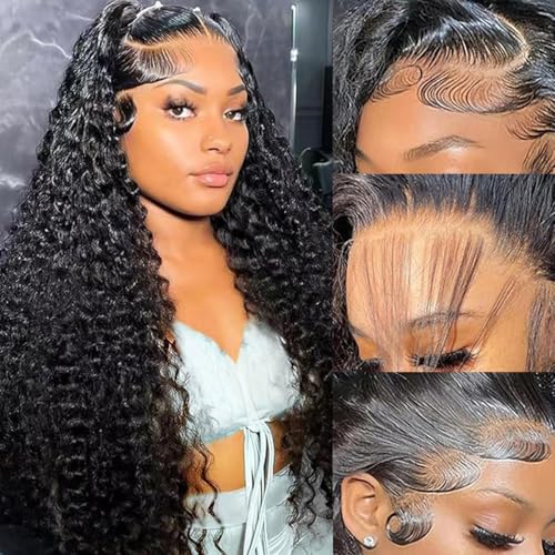 Water Wave HD Lace Front Wigs Human Hair 10A Curly Human Hair 13x4 Transparent Lace Frontal Wigs Pre Plucked Wet And Wavy Wigs Human Hair for Women 180% Density (20Inch, Natural Black)