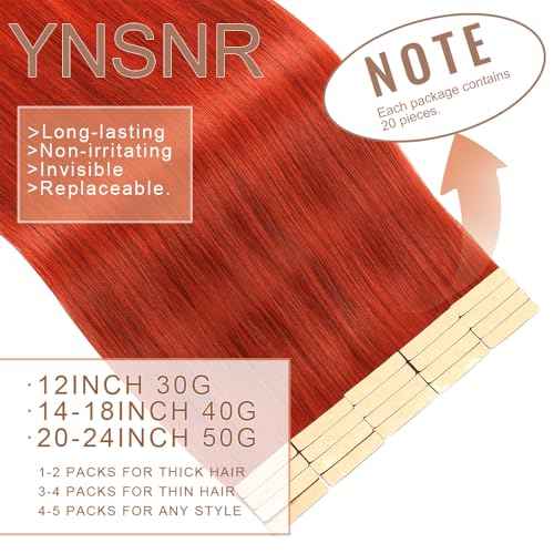 Tape in Hair Extensions Human Hair Copper Red Hair Extensions 18 Inch 20pcs Remy Straight Human Hair Tape in Extensions Skin Weft Tape Extensions Human Hair