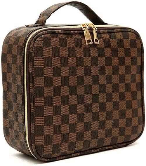 bopomofo Checkered Makeup Bag - Spacious Travel Cosmetic Organizer with Adjustable Compartments | Waterproof PU Leather Toiletry Bag for Women | Stylish Gift for Christmas, Birthdays, Valentine’s Day