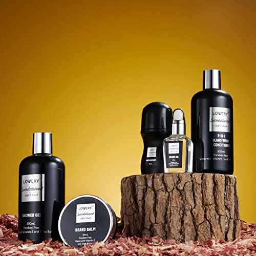 Christmas Gifts for Men, Mens Spa Gift Set Beard Kit and Body Care, Unique Gifts for Dad Sandalwood Spa Gift Baskets, Bath and Beard Grooming Kit, Birthday Gifts for Him with Beard Balm, Growth Oil.