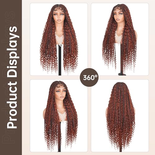 Knotless Boho Braided Wigs for Black Women Full Double Lace Human Hair Blended Synthetic Box Braids Wig with Bohemia Curly Ends (1B350, 28 Inch)