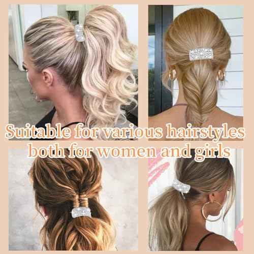 YISSION 4Pcs Sparkly Rhinestone Hair Ties Ponytail Holder Elastics Scrunchies Fancy Crystal Hair Ties for Thin Thick Hair Rhinestone Hair Accessories for Women Girls Silver