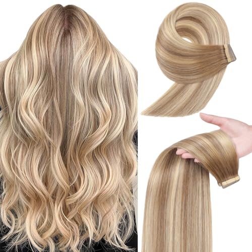 YDDM Tape in Hair Extensions, 20pcs 20 Inch Balayage Gold Brown Mixed Dark Blonde Straight 100% Remy Human Hair Seamless Invisible Tape in Hair Extensions Human Hair(10/10/22#, 20 Inch)