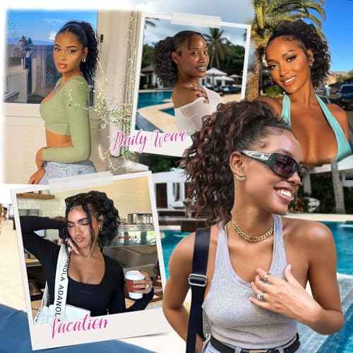 Isaic Ponytail Extension 8 Inch Short Wavy Curly Ponytails Drawstring Ponytail for Black Women Jet Black Pony Tails Hair Extensions Synthetic Hairpiece for Daily Use