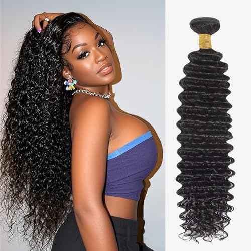 28 Inch Deep Wave Human Hair Bundles 1 Bundles Deep Wave Bundles 100% Unprocessed Brazilian Virgin Hair Curly Bundle Hair Extensions Real Human Hair Wavy Quick Weave Bundle Natural Black