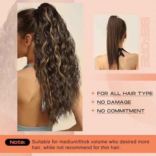SEIKEA 18" Ponytail Extension Claw, PT002 Tia Long Multi Layered Hair FluffyThick Wavy Curly Clip in Hair Extensions Ponytail Natural Soft Synthetic Hairpiece for Women Black Brown