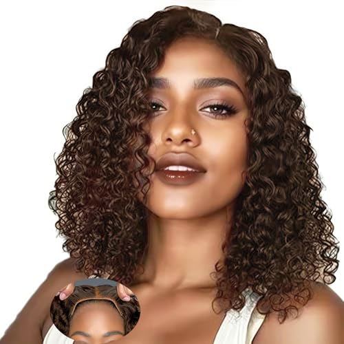 Closure Bob Wig Human Hair Chocolate Brown Glueless Wigs Human Hair Pre Plucked Pre Cut Short Glueless Wig Middle Part Curly Bob Wig Water Wave Lace Frontal Wigs Human Hair For Black Women 14Inch