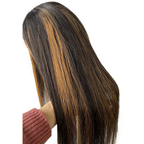 Smartinnov Dart Roots Brown Highlight Wig Ombre Blonde Human Hair Natural Black Mixed Medium Brown Highlights 13x4 Lace Front Pre Plucked with Baby Hair Silky Straight 16" 150% Bleached Knots Wigs