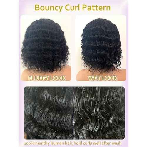 Short Curly Wigs for Black Women Wear and Go Side Part Deep Wave Bob Wig Human Hair Glueless Wigs Human Hair Pre Plucked Pre Cut Wet and Wavy Natural Black Lace Front Wig 12 Inch Daily Hairstyle