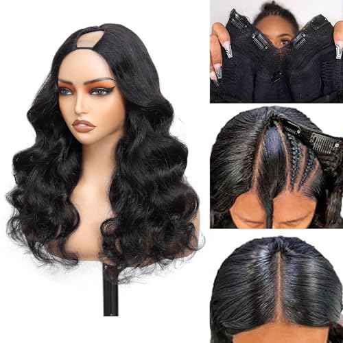 V Part Wig Human Hair Body Wave Upgrade U Part Human Hair Wig With Adjustable Drawstring 200% Density V Shape Clip In Half Wig For Women Natural Color 20 Inch
