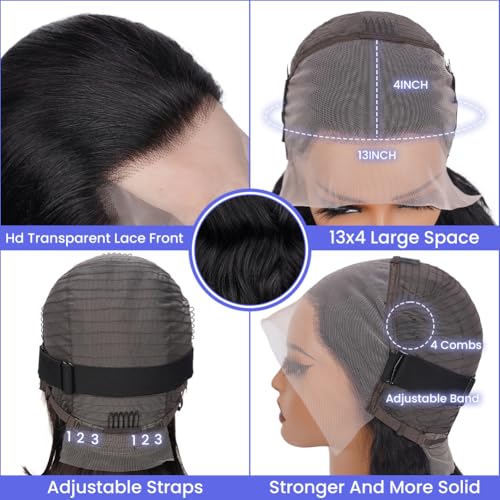 13x4 Body Wave Lace Front Wigs Human Hair For Women HD Transparent Lace Frontal Wigs Human Hair Pre Plucked With Baby Hair 180% Density 9A Glueless Natural Black 22 inch