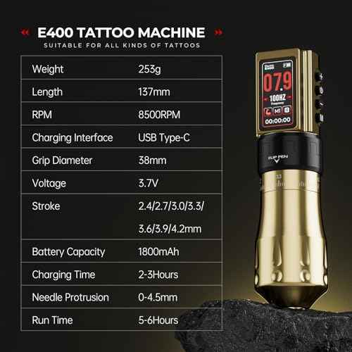CNC Wireless Tattoo Machine with 3600mAh Dual Batteries Adjustable 7 Strokes 2.4-4.2mm Rotary Pen LED Display Brushless Motor Tattoo Gun for Tattoo Artists Supply Gold CNC-M2-E400-9