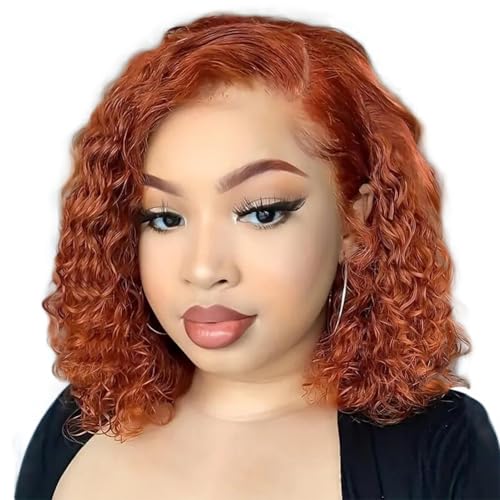 Ginger Bob Wig Human Hair Side Parted Deep Wave Lace Front Wigs for Women Colored Glueless Wigs Human Hair Preplucked Pre Cut Lace Closure Glueless Wig Wear and Go 14 Inch