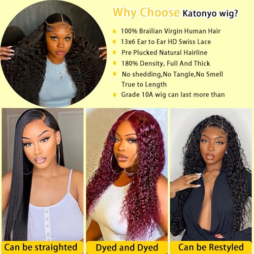 22 Inch Deep Wave Lace Front Wigs Human Hair 13x6 HD Lace Frontal Wigs Glueless Curly Lace Front Wig Pre Plcked Deep Wave Wigs with Baby Hair 200% Density Curly Human Hair Wigs for Women Natural Color