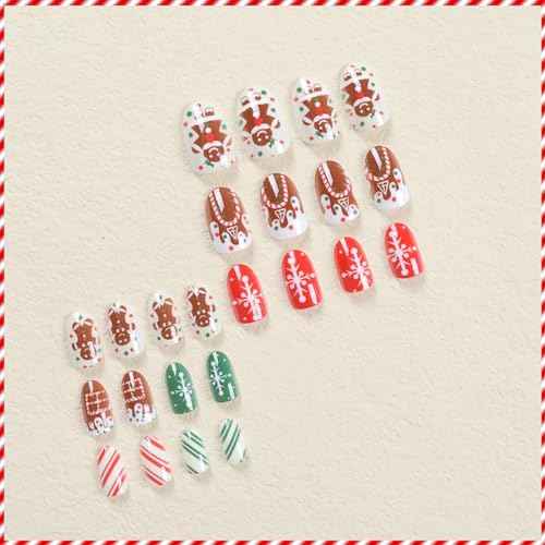 Christmas Press On Nails Short Almond Fake Nails White Brown False Nails With Snowflake Gingerbread Man Design Glue On Nails Full Acrylic Stick On Nails Xmas Artificial Nails For Women 24Pcs