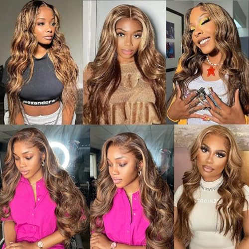 Honey Blonde Lace Front Wig Human Hair 13x4 HD Transparent 4/27 Highlight Ombre Body Wave Lace Front Wigs Human Hair Pre Plucked with Baby Hair 180% Human Hair Wigs 20 Inch