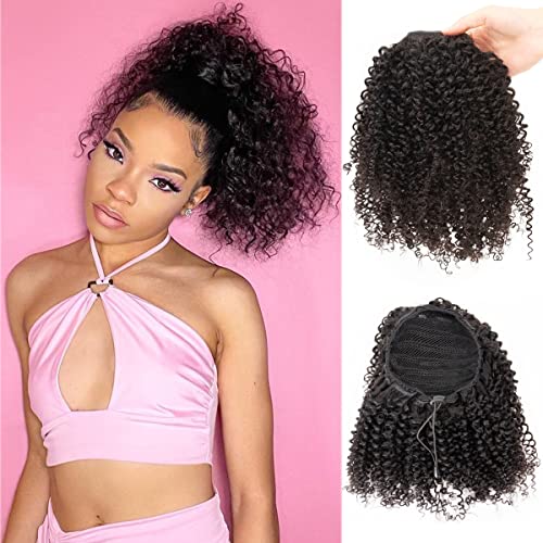 Curly Ponytail Extension for Black Women Real Human Hair Natural Drawstring Ponytails Hair Pieces African American Girls Curly Hair Extensions 16 Inch #1B Natural Black