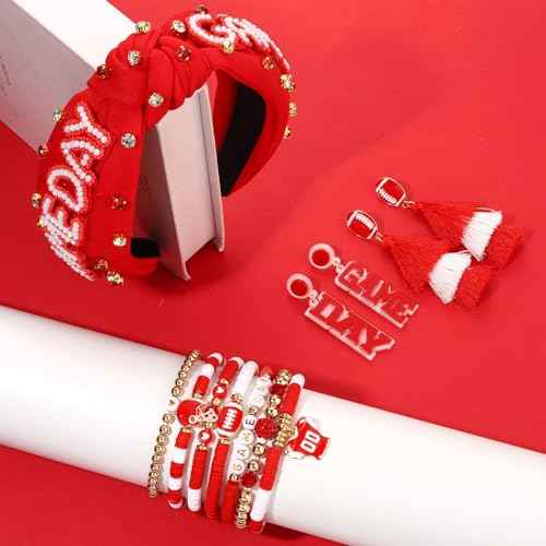 Game Day Headbands for Women Red Spirit Day Accessories Jeweled Football Headband Heishi Bracelets Game Day Tassel Earrings Football Mom Game Day Accessories Outfits Gifts