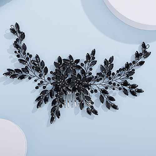 Teyglen Women Luxurious Bridal Hair Accessories - Dainty Large Crystal Pearl Flower Headband, Shiny Rhinestone Side Combs for Brides and Girls (Black)
