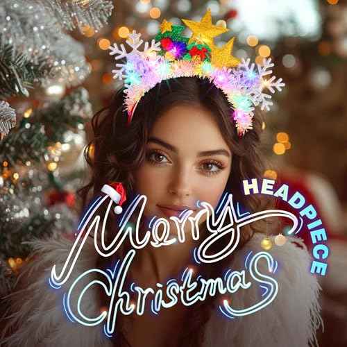 JEAIRTS Light Up Christmas Snowflake Headbands Led Christmas Tree Hair Band Light Up Star Xmas Headpiece Glowing Holiday Hair Accessories for Women