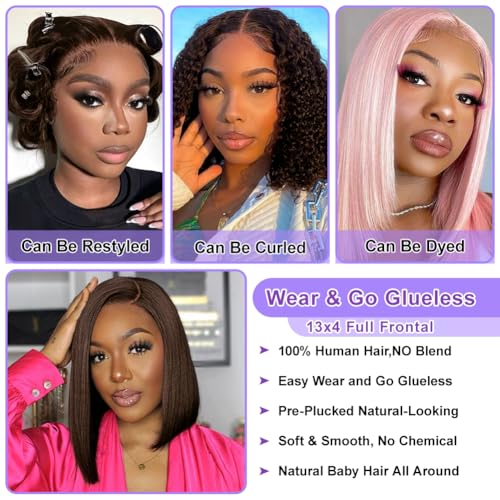 Dark Brown Bob Wig Human Hair 13X4 Lace Front Wigs Human hair 180% Density Short Straight Frontal Bob Wig HD Transparent Lace Frontal wigs Pre Plucked for Women With Baby Hair Dark Brown Color 14 Inch