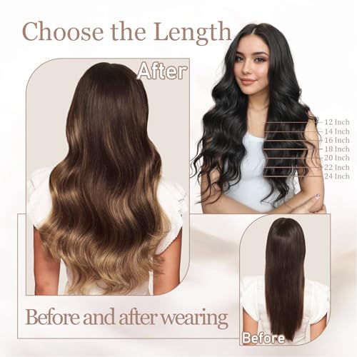 Tape in Hair Extensions Human Hair, 20 Inch Choclolate Brown to Caramel Blonde/Brown Remy Human Hair Skin Weft 20pcs 50g/pack Invisible Tape in Hair Extensions (#T4-P27/4, 20 Inch)