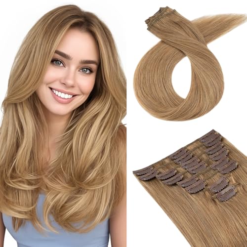 TESS Seamless Clip in Hair Extensions Human Hair Remy Clip ins Natural Soft Straight 8pcs 18Clips, 18 Inch, Light Brown