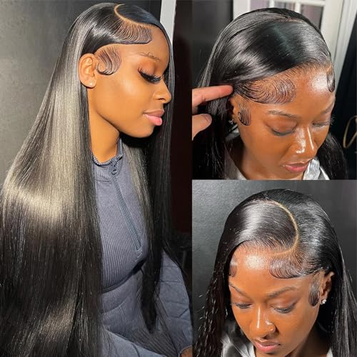 13x6 Lace Front Wigs Human Hair 180 Density HD Transparent Straight Lace Front Human Hair Wigs for Women Straight Lace Front Wigs Pre Plucked with Baby hair Natural Color (24 Inch)