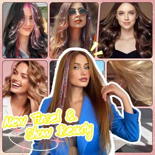 Hair Tinsel Clip in Dreamy Colorful Fairy Hair Tinsel Kit, 12 Pcs 24 Inch Glitter Clip in Hair Extensions for Girls Women Kids Christmas New Year Festival Party (Dreamy Colorful)