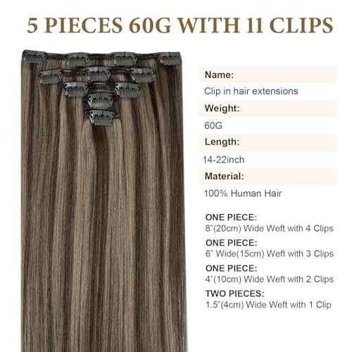 Remy Hair Extensions Clip in Human hair Chocolate Brown To Caramel Blonde Brazilian Clip on Real Human Hair Extensions Natural Straight Clip ins Hair for Women 16 Inch 60G 5 PCS Invisible Double Weft