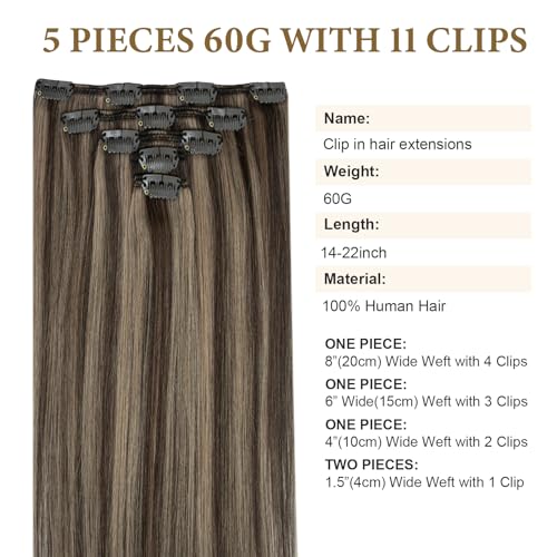 Hair Extensions Clip in Remy Human Hair for Woman Chocolate Brown To Caramel Blonde Invisible Double Weft Straight Clip ins Hair Brazilian 20 Inch 60G 5 PCS Clip on Real Human Hair Extensions