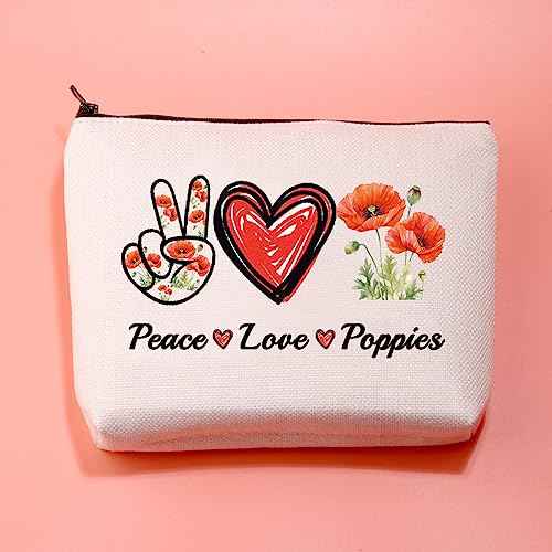 JXGZSO Red Poppy Flower Gifts Peace Love Poppies Cosmetic Organizer Bag Flowers Lover Gift Botanical Zipper Canvas Pouch
