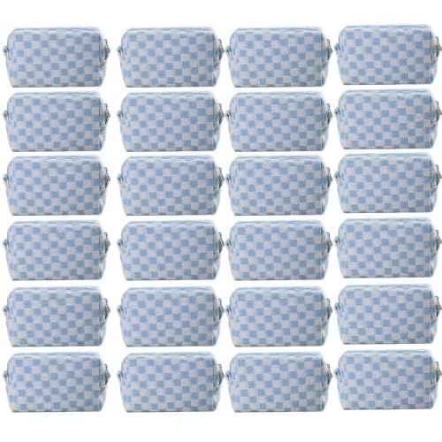 24 PACK Checkered Makeup Bag- Bulk Bridesmaid Proposal Gifts Makeup Pouch for Wedding Party Favors Bachelorette Party Decorations Toiletry Organizer Bag Cosmetic Case Gift (Blue)