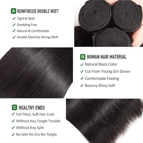 Straight Bundles Human Hair 18 20 22 Inch Straight Human Hair Weave 3 Bundles Silky Hair Bundles 10A 100% Unprocessed Brazilian Virgin Hair Bundles Deals Natural Black Bundles