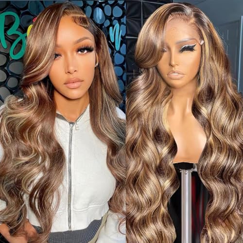 Highlight Ombre Lace Front Wig Human Hair HD Body Wave Lace Front Wigs Human Hair 180% Density 4/27 Colored Honey Blonde Frontal Wig for Women Pre Plucked with Baby Hair 20 Inch