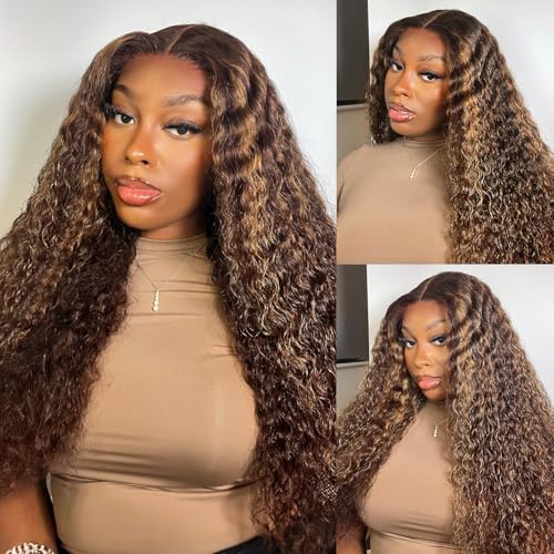 Highlight 5x5 HD Lace Closure Wigs Human Hair Deep Wave P4/27 Ombre Lace Closure Wig for Black Women 180 Density Honey Blonde Closure Wigs Pre Plucked Glueless 24 Inch