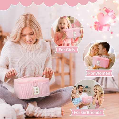 OCHEAL Makeup Bag for Women, Monogram Cosmetic Bag with Brush Holder, Pink Travel Makeup Case Beauty Toiletry Bag Organizer Personalized Gifts for Girls Bridesmaid, Sister, Wife, Friends Initial A