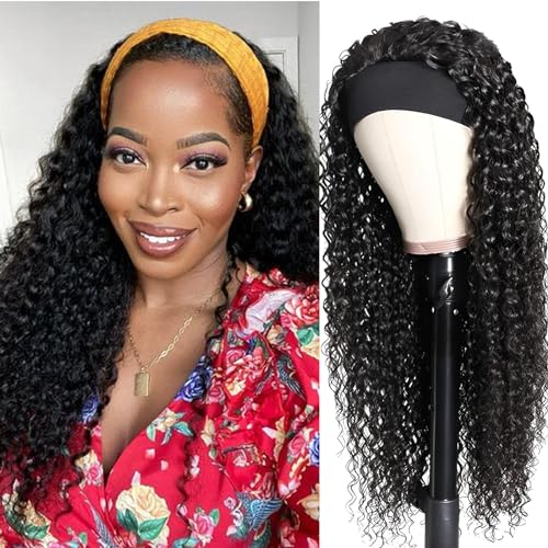 haha Water Wave Headband Wig Human Hair Curly Headband Wigs None Lace Front Wig Wet and Wavy Brazilian Virgin Human Hair Wear and Go Glueless Wig For Women Natural Black 150% Density 24 Inch